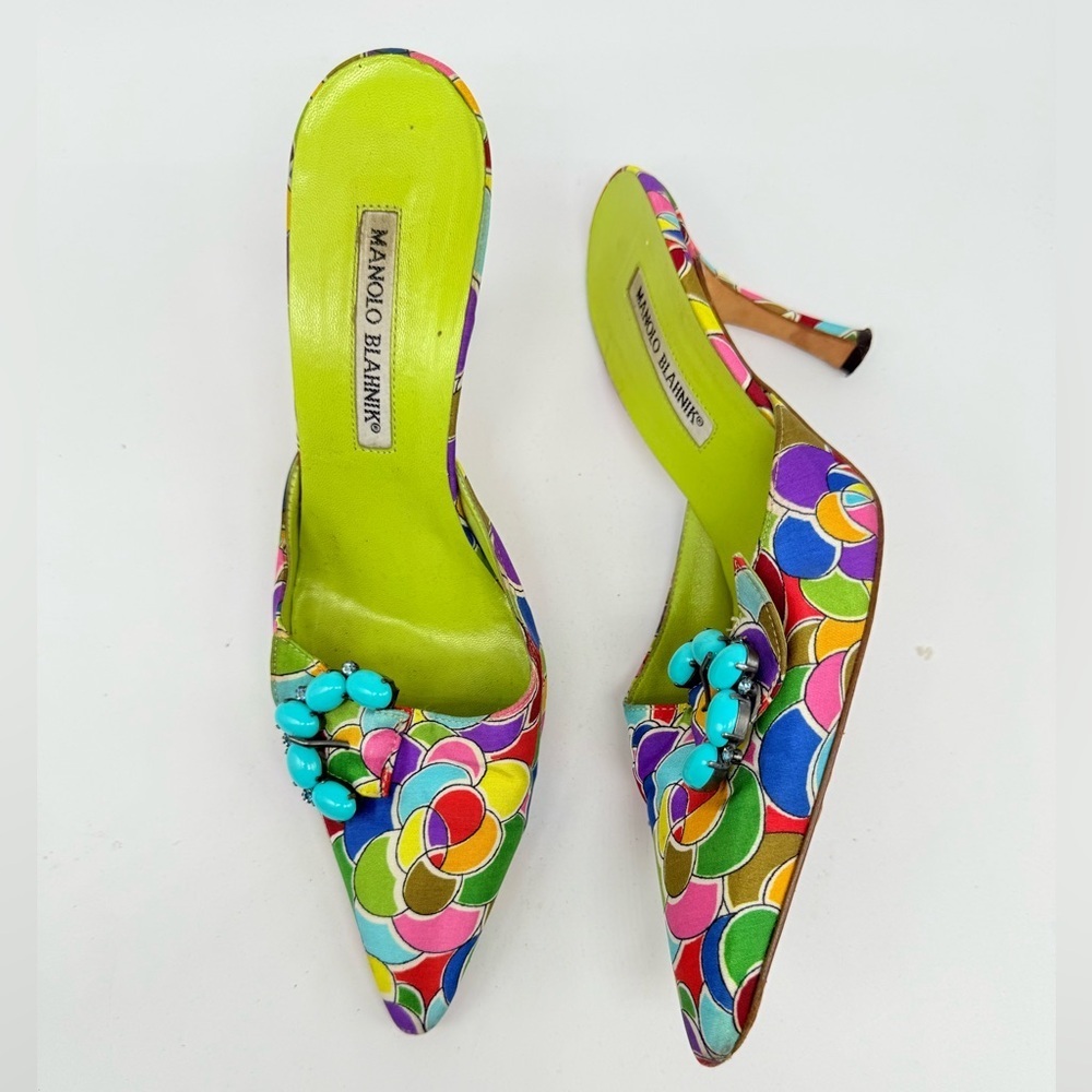 Manolo Blahnik Blue Green Multicolor Atomica Turquoise Buckle Mule pumps EU 37